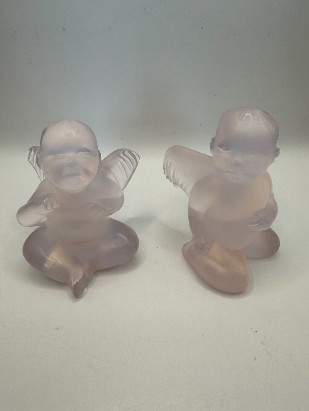 Lalique France Rose Opalescent Crystal Cherub Figurines Pair of 2